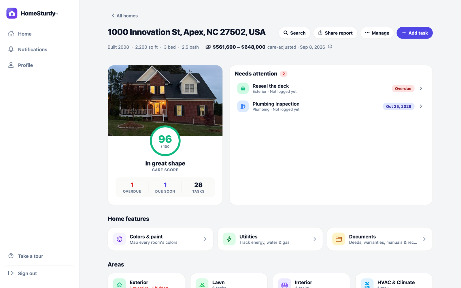 HomeSturdy home dashboard: care score, needs-attention list, estimated value, and area tiles.