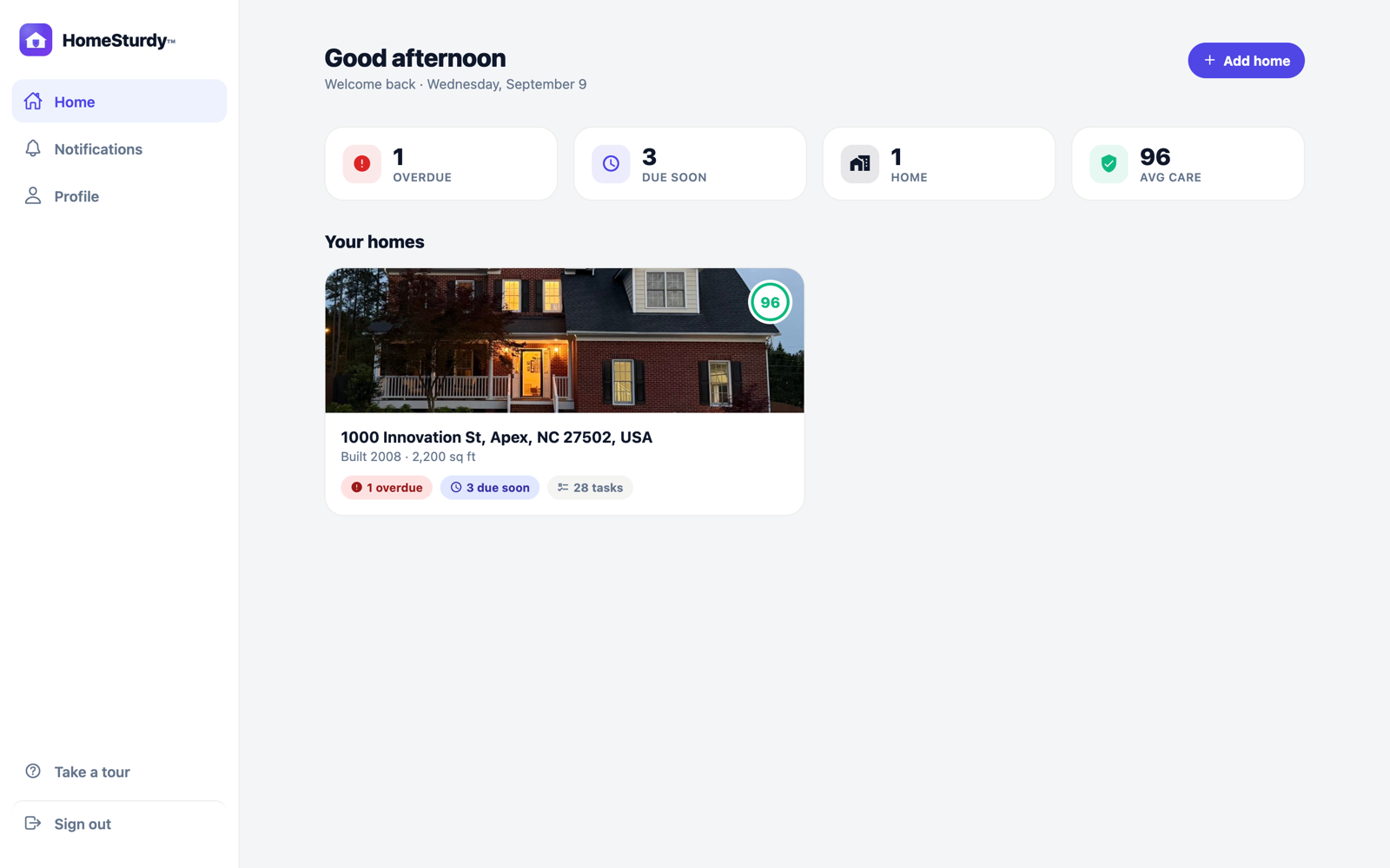 Home list showing each home as a card with its care score and overdue / due-soon counts.
